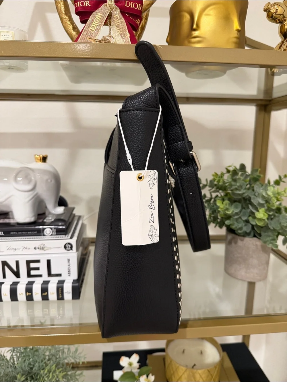 Studded Black Leather Shoulder Bag with Front Tab